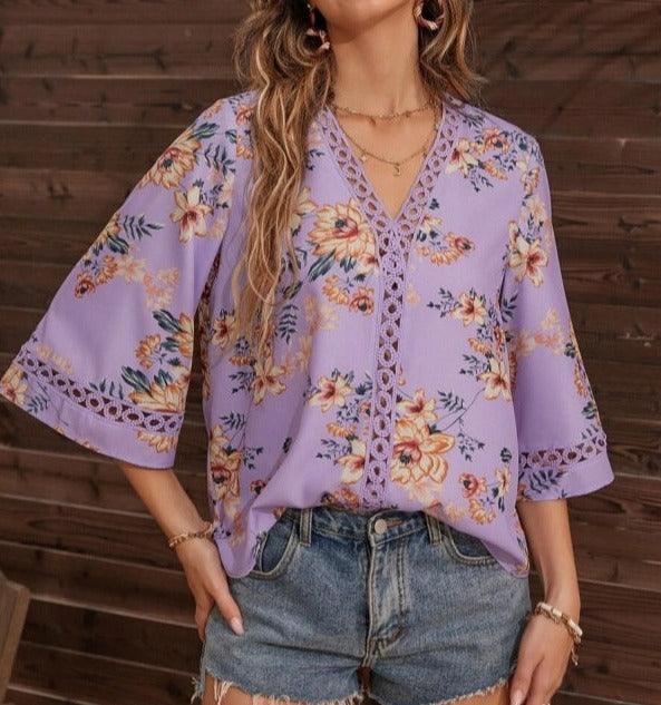 Printed Floral Patch-Laced Top