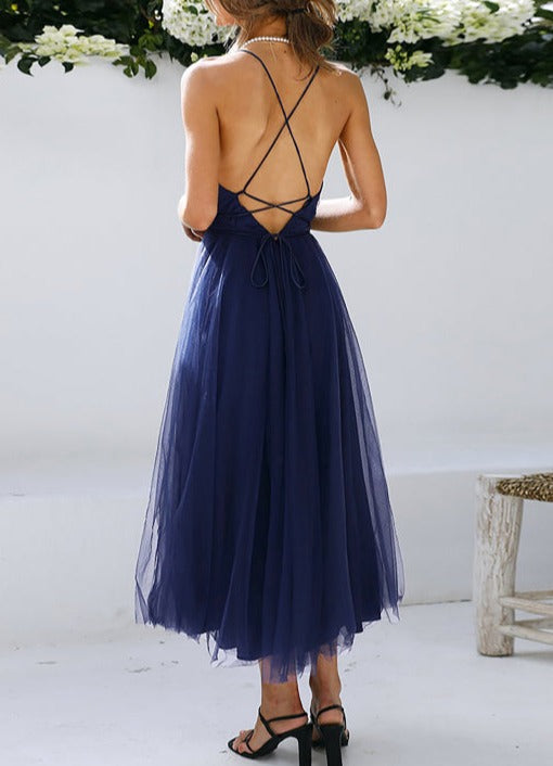 Deep V Neck Backless Lace-Up Mesh Puff Dress