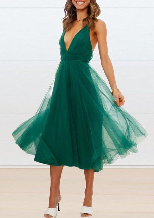 Deep V Neck Backless Lace-Up Mesh Puff Dress