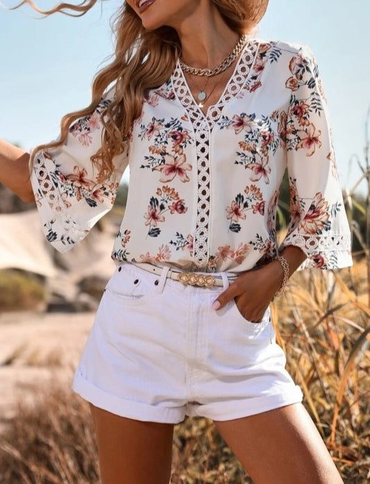 Printed Floral Patch-Laced Top