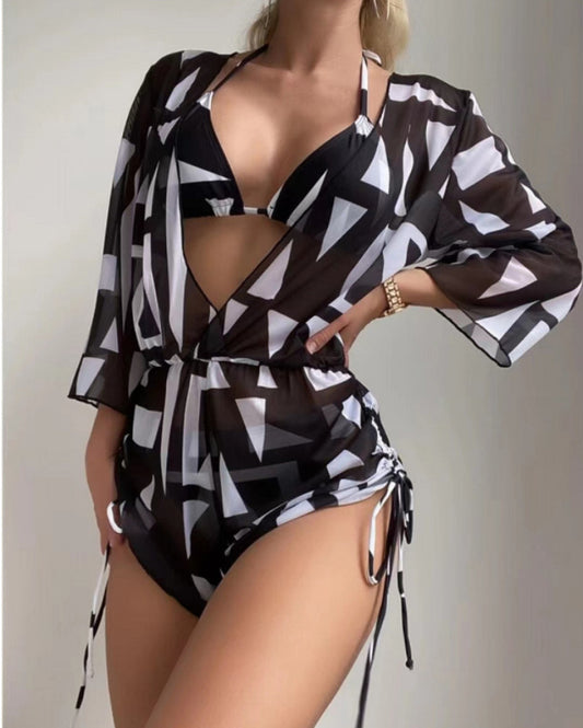 Tropical Print Bikini Deep V-neck Long Sleeve (Three-Piece Set)