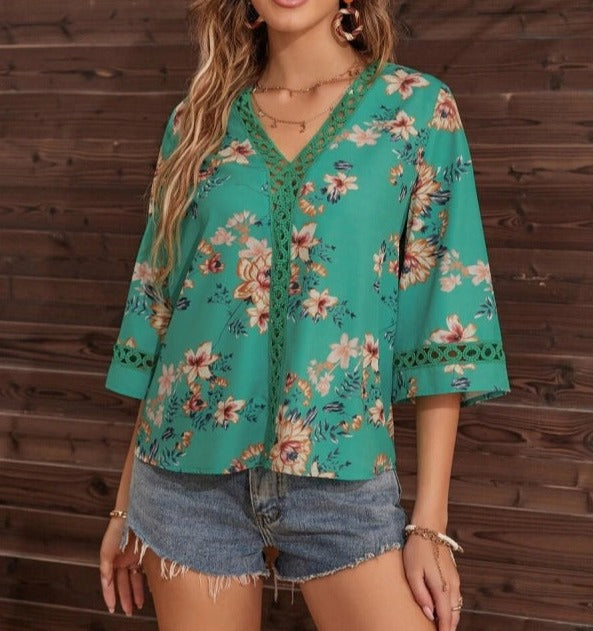 Printed Floral Patch-Laced Top