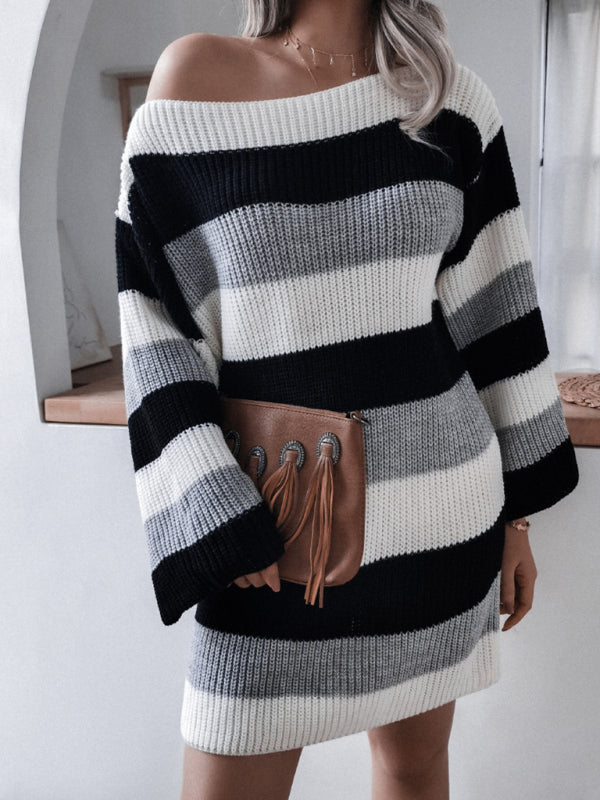 Oversized Contrast Striped Knitted Dress