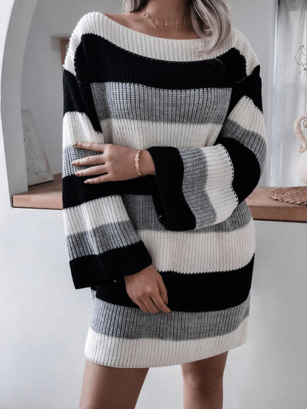 Oversized Contrast Striped Knitted Dress