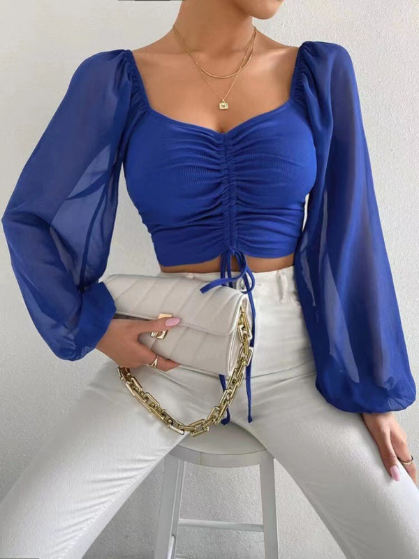 Drawstring Knit Paneled Chiffon Top