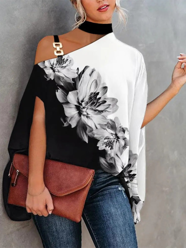 Halter Neck Dolman Sleeve Print Shirt