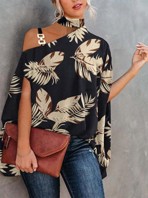 Halter Neck Dolman Sleeve Print Shirt