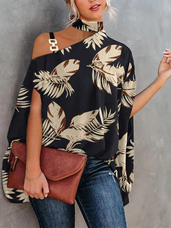 Halter Neck Dolman Sleeve Print Shirt