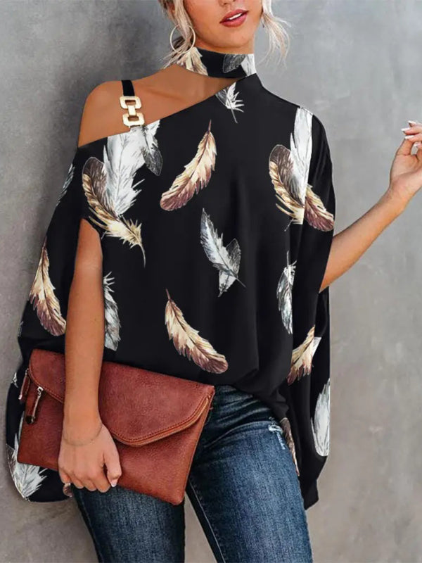 Halter Neck Dolman Sleeve Print Shirt