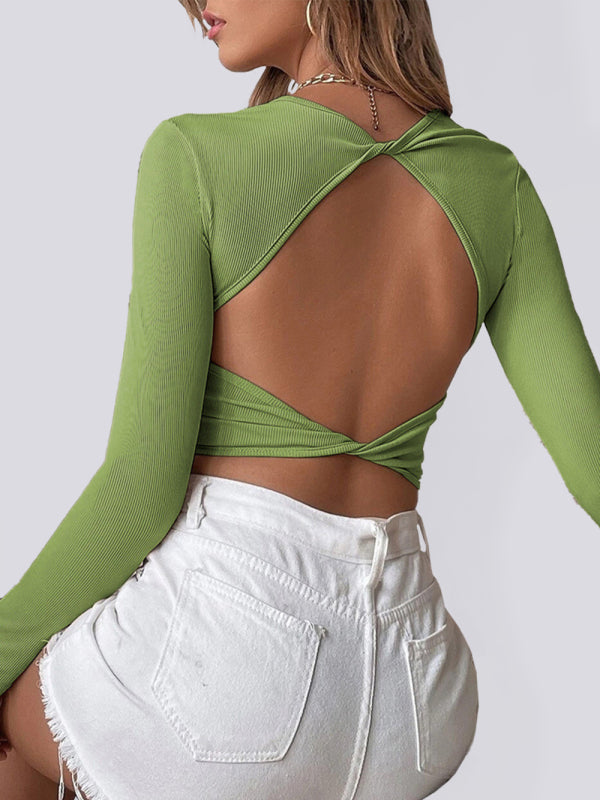 Knitted Backless Cropped Long Sleeve Top