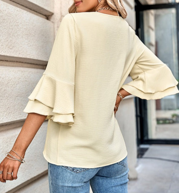 Solid Color Ruffle Sleeve V-Neck Blouse