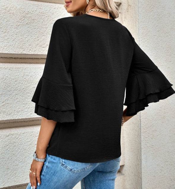 Solid Color Ruffle Sleeve V-Neck Blouse