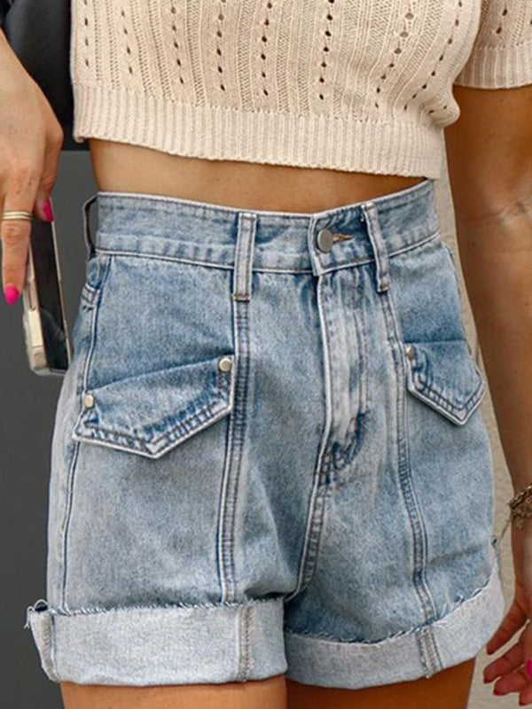 Casual Stitching Turnover Denim Shorts