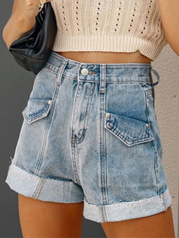 Casual Stitching Turnover Denim Shorts