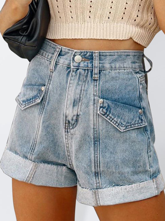 Casual Stitching Turnover Denim Shorts