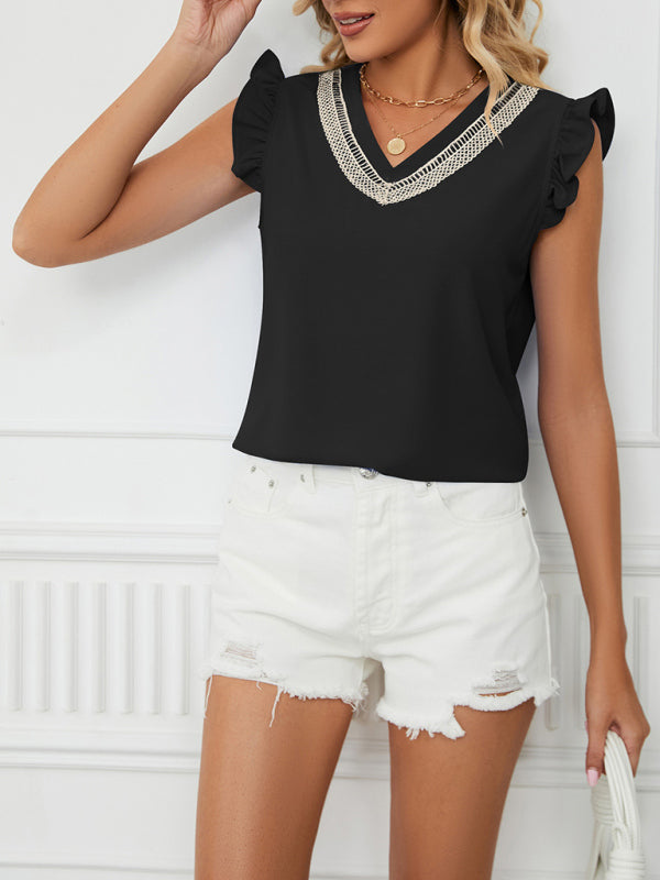 Woven Lace V-Neck Short Sleeve Loose Chiffon Top