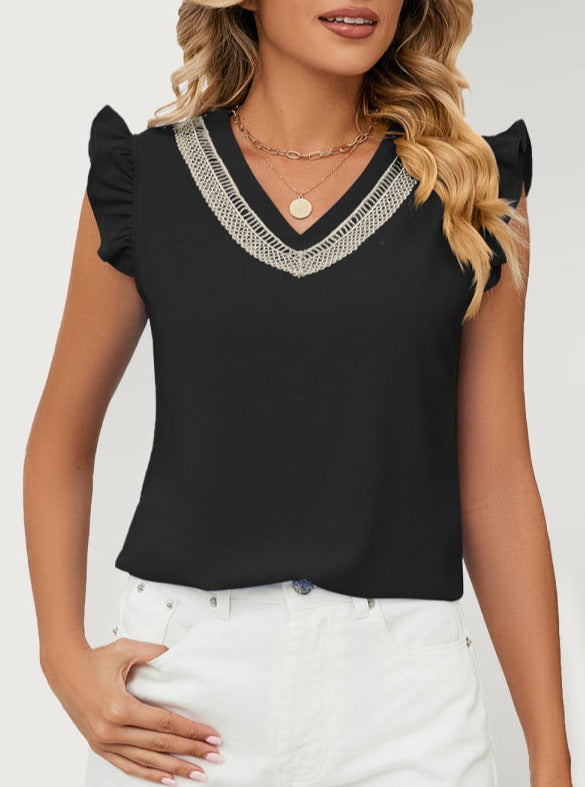 Woven Lace V-Neck Short Sleeve Loose Chiffon Top