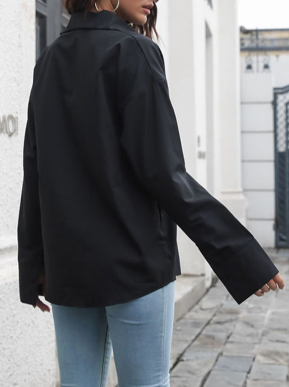 Long Sleeve Drop Shoulder Shirt With Sleeve Button Detail