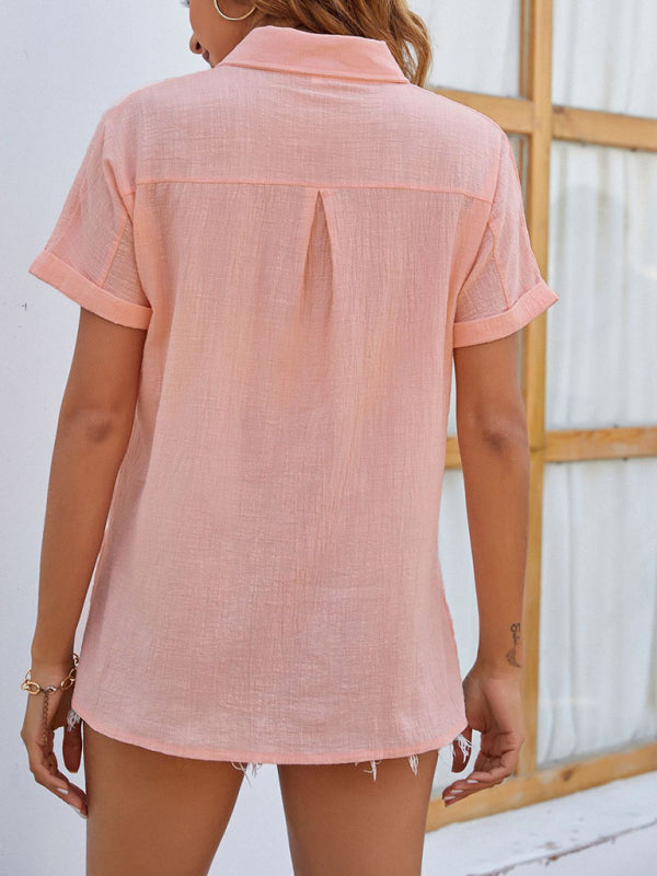 Solid Color Short Sleeve Linen Button-up Shirt