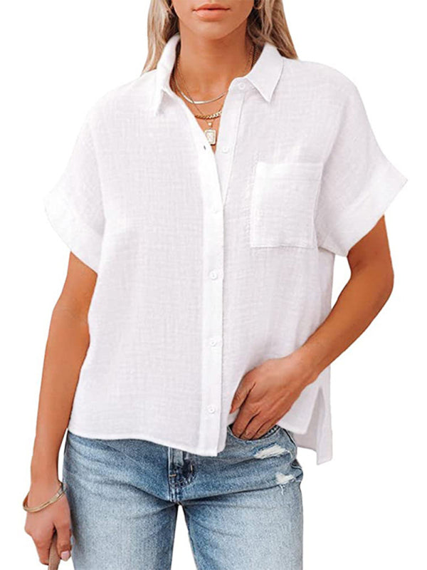 Solid Color Short Sleeve Linen Button-up Shirt