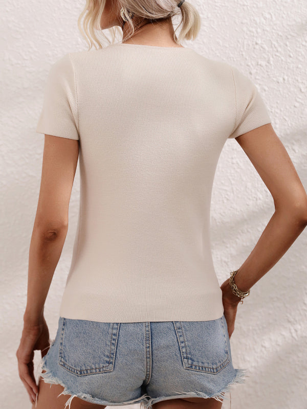 Solid Color Shoulder Cutout Rib Top