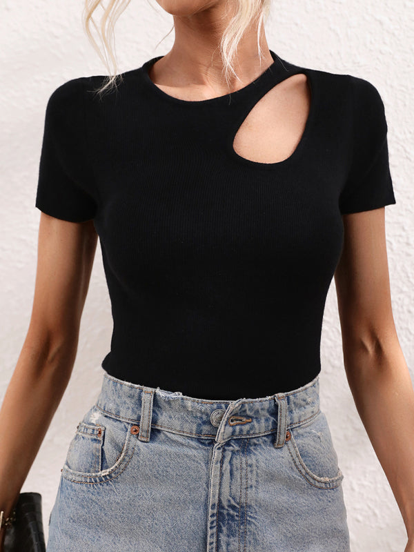 Solid Color Shoulder Cutout Rib Top