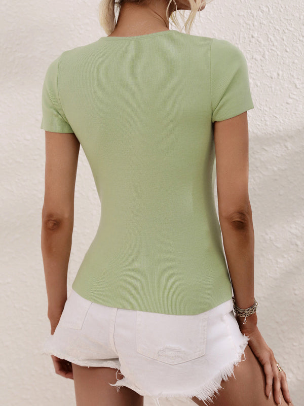 Solid Color Shoulder Cutout Rib Top