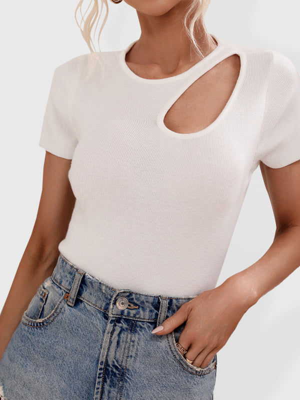 Solid Color Shoulder Cutout Rib Top