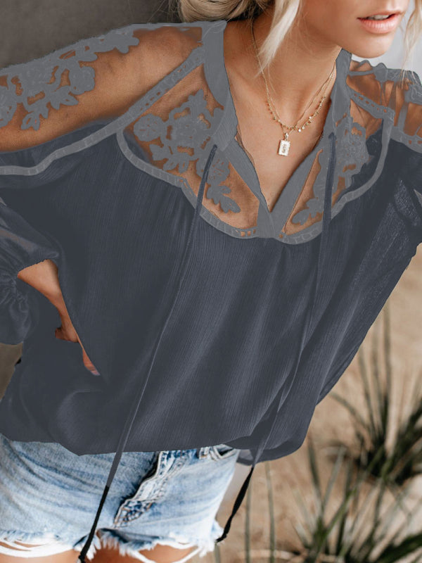 Sheer Knit V-Neck Laced Top