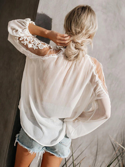 Sheer Knit V-Neck Laced Top