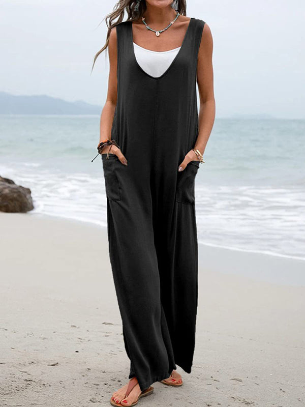 Color Patch Pocket V-Neck Jumpsuit