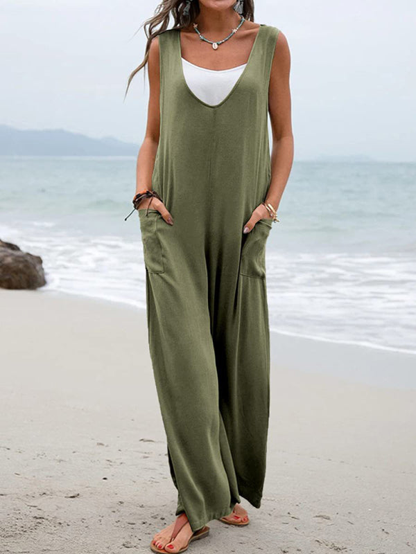 Color Patch Pocket V-Neck Jumpsuit