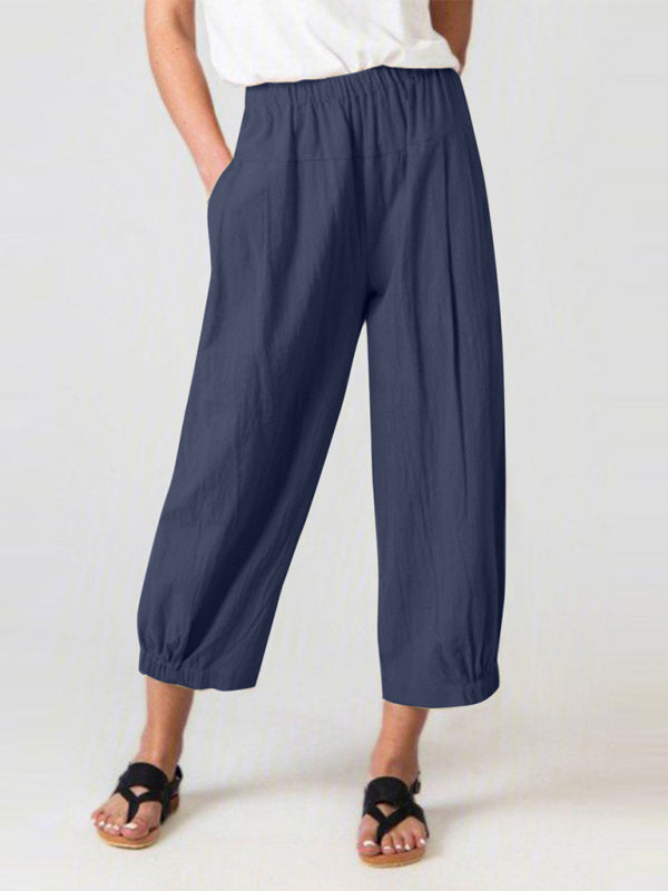 Solid Color Crop Wide-leg Linen Pants