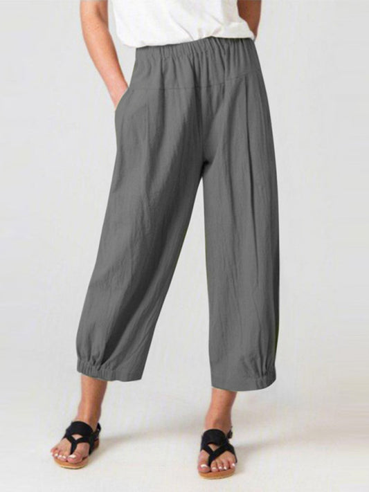 Solid Color Crop Wide-leg Linen Pants