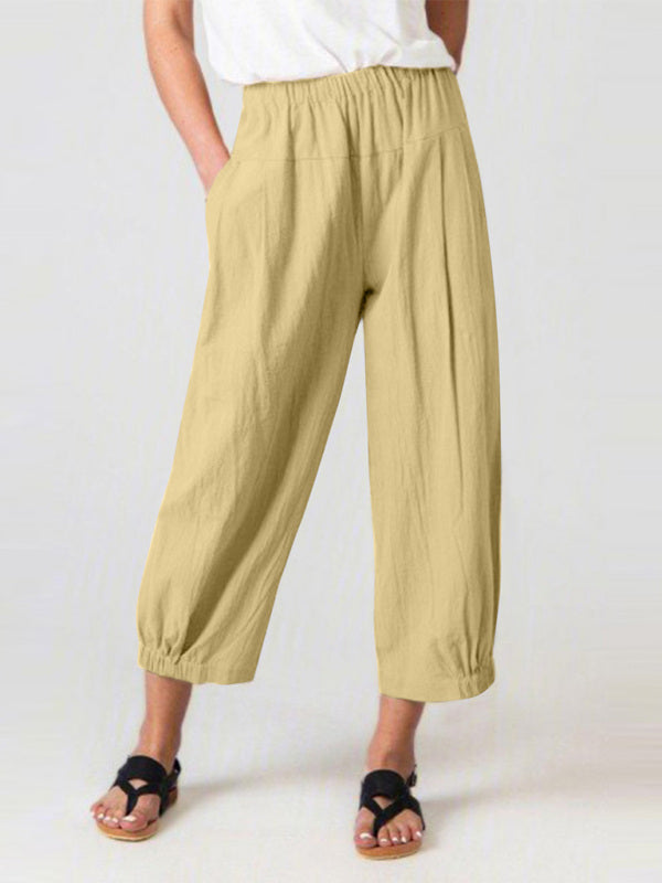 Solid Color Crop Wide-leg Linen Pants