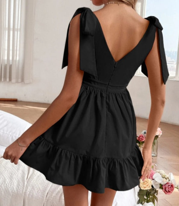 Solid Color Strap Shoulder Deep V Neck Dress