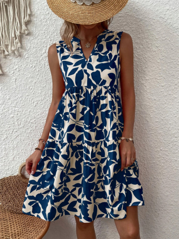 Floral Print V Neck Pleated Print Dress