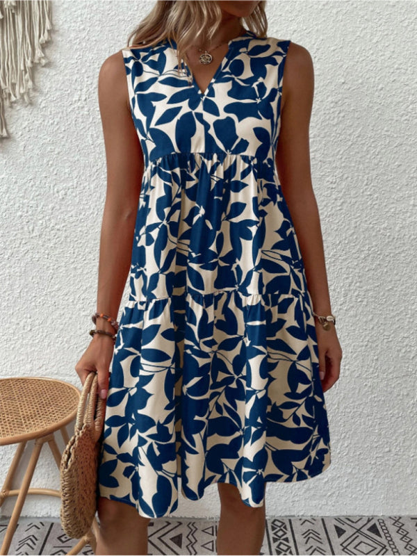 Floral Print V Neck Pleated Print Dress