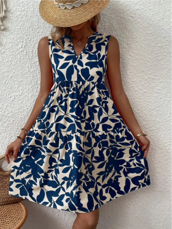 Floral Print V Neck Pleated Print Dress