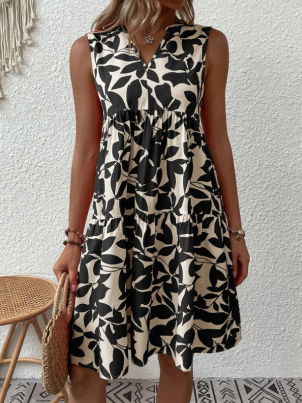 Floral Print V Neck Pleated Print Dress