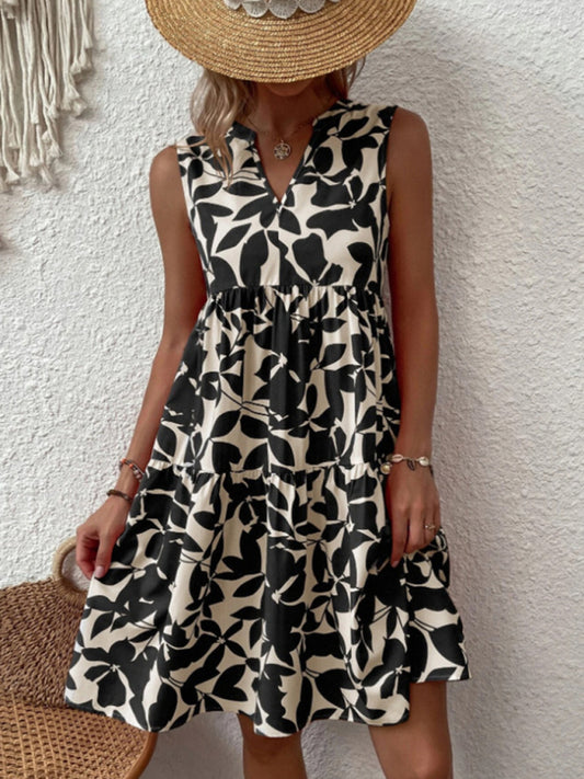 Floral Print V Neck Pleated Print Dress