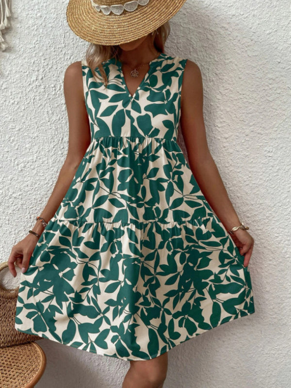 Floral Print V Neck Pleated Print Dress