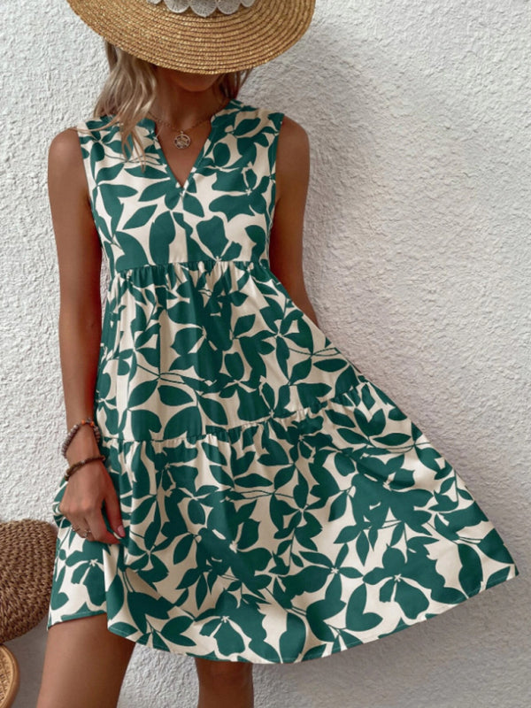 Floral Print V Neck Pleated Print Dress