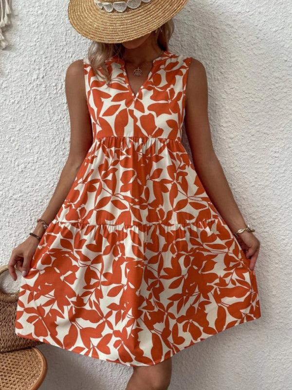 Floral Print V Neck Pleated Print Dress