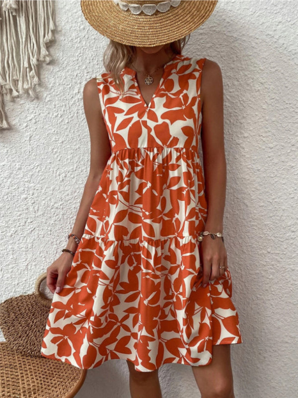 Floral Print V Neck Pleated Print Dress