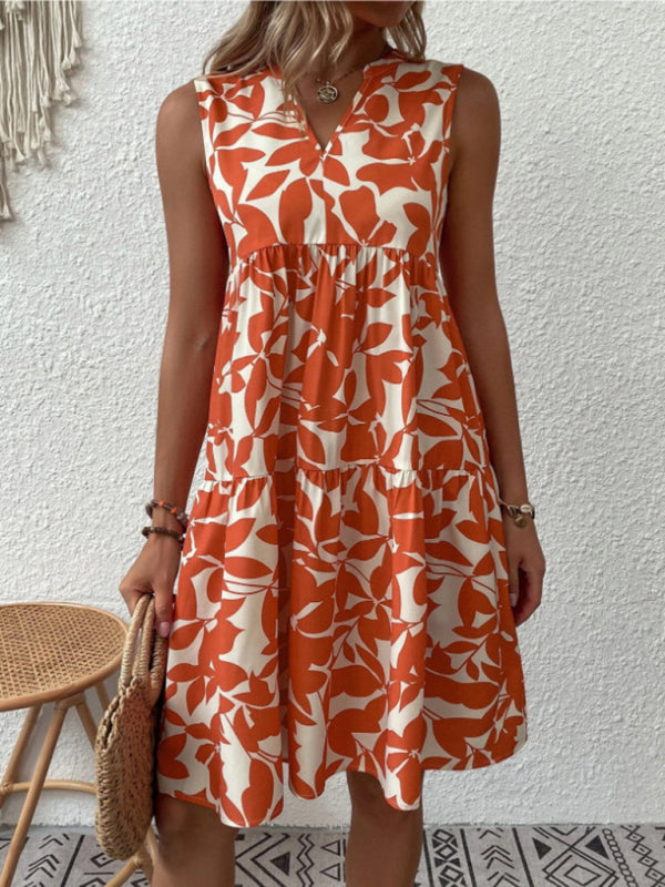 Floral Print V Neck Pleated Print Dress