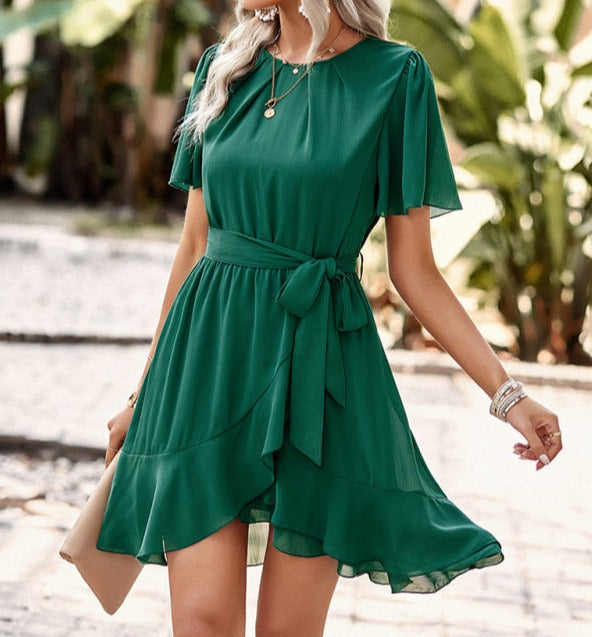 Solid Color Elegant Round Neck Pleated Dress