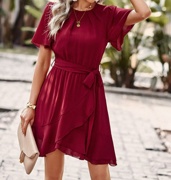 Solid Color Elegant Round Neck Pleated Dress