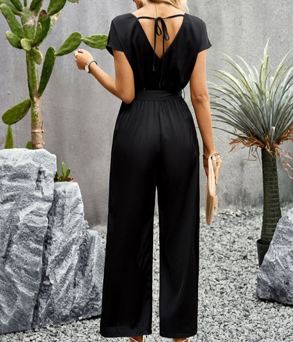 Elegant Solid Color V Neck Jumpsuit