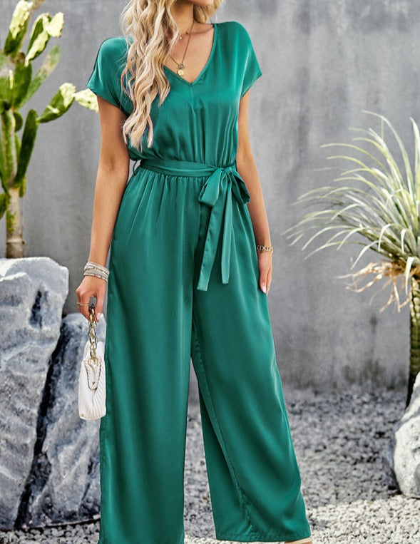 Elegant Solid Color V Neck Jumpsuit